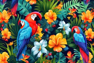 Fototapeta premium Tropical Vivid Background with Flower and Birds. Illustration AI Generative.