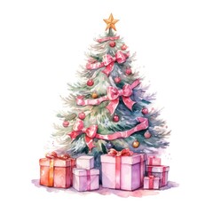 Obraz na płótnie Canvas Watercolor Christmas Tree with Gifts. Illustration AI Generative.