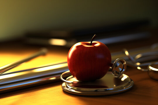 red apple and stethoscope on doctor's table