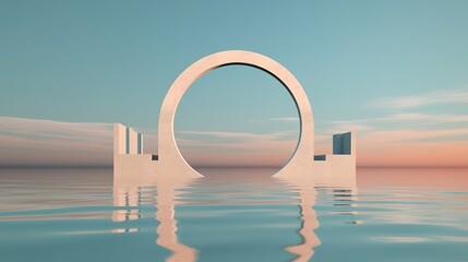 Obraz na płótnie Canvas Photo abstract zen seascape background nordic surreal scenery with geometric mirror arches calm water and pastel Generative AI