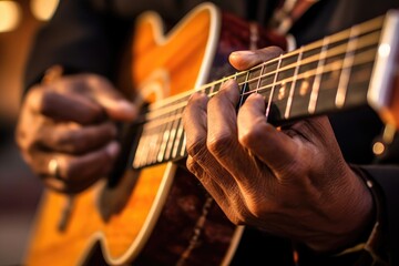 A striking close - up shot of a street musician's hands passionately playing the guitar. Generative AI - obrazy, fototapety, plakaty
