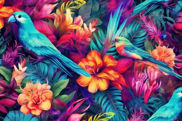 Obraz premium Tropical Vivid Background with Flower and Birds. Illustration AI Generative.