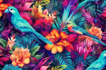 Tropical Vivid Background with Flower and Birds. Illustration AI Generative.