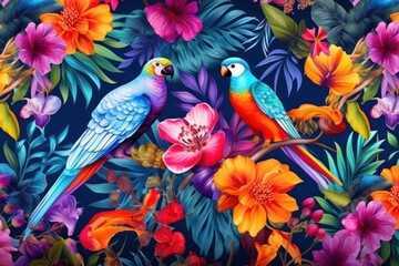 Fototapeta premium Tropical Vivid Background with Flower and Birds. Illustration AI Generative.