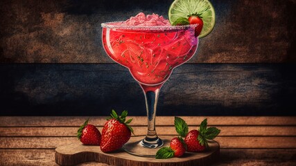 Image of A margarita cocktail made with strawberries and lime sits in a tall glass on a wooden table. printed on Printed Glass Splashbacks