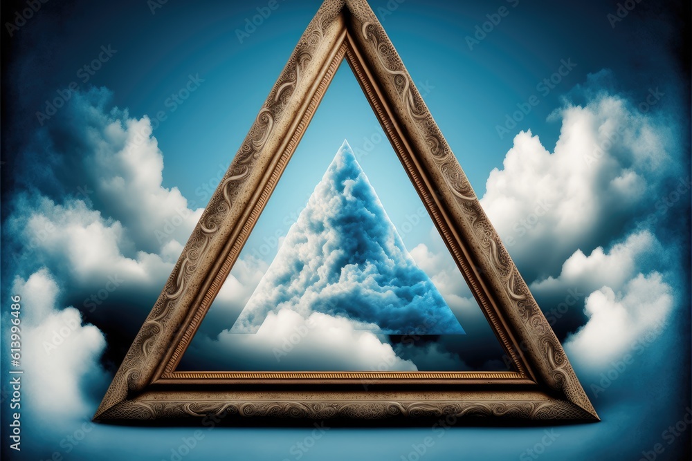 Poster frame made with covered white cloud in the sky in triangle shape. concept of luxurious fantasy windo