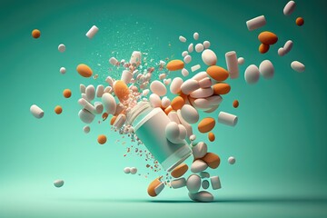 Pills pouring out of pill bottle on green background. Generative AI