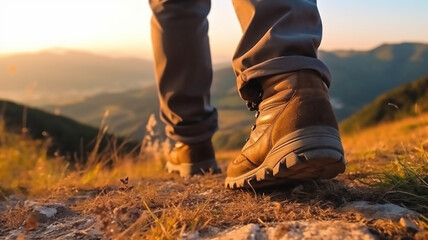 Man hiking up mountain trail close up on boots. Generative AI - obrazy, fototapety, plakaty
