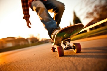 Naklejka na ściany i meble The energy and athleticism of a skateboarder in a close - up shot. Generative AI