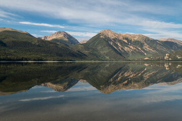 Reflections of 13,468 Foot Quail Mountain, 13,939 Foot Mount Hope, 13,290 & 13,333 Foot Twin Peaks, with 13,783 Foot Rinker Peak rising above the Twin Lakes.