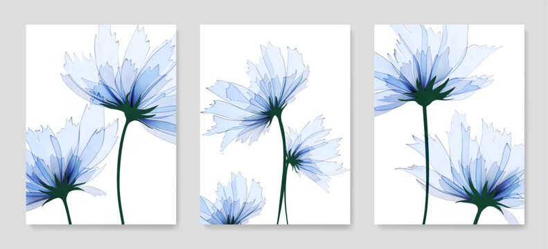 Luxury art background with blue transparent flowers in a watercolor style. Ink hand drawn botanical set for wallpaper design, print, decor, poster, interior design.