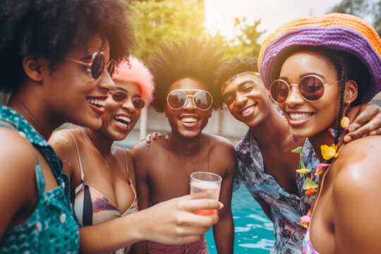 A group of diverse millennials enjoying a pool party, laughing and splashing in the water while sipping on colorful summer drinks. Toned image. Generative Ai