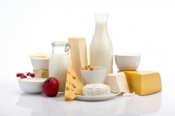 Fototapeta na wymiar Dairy products on white background. Milk, cheese, sour cream, cottage cheese. Generative AI