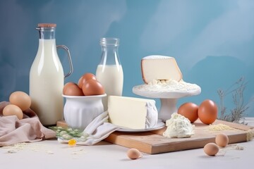 Different types of dairy products on a white table with blue background.. Generative AI
