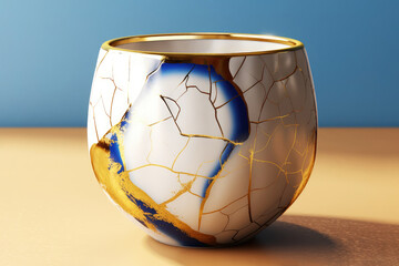 Fototapeta na wymiar The porcelain Kintsugi cup on a yellow table, blue background. Traditional Japanese art. Concept of wabi-sabi. Unique expression of Japanese culture and aesthetics. Close up