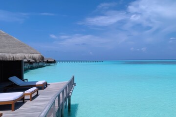 Fototapeta premium Amazing drone view of the beach and water with beautiful colors. luxury tropical resort or hotel with water villas and beautiful beach scenery. maldives, summer vacation, resort maldivian houses.