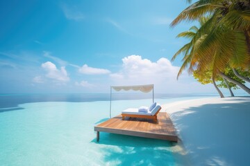 Fototapeta premium Amazing drone view of the beach and water with beautiful colors. luxury tropical resort or hotel with water villas and beautiful beach scenery. maldives, summer vacation, resort maldivian houses.