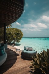 Obraz premium Amazing drone view of the beach and water with beautiful colors. luxury tropical resort or hotel with water villas and beautiful beach scenery. maldives, summer vacation, resort maldivian houses.