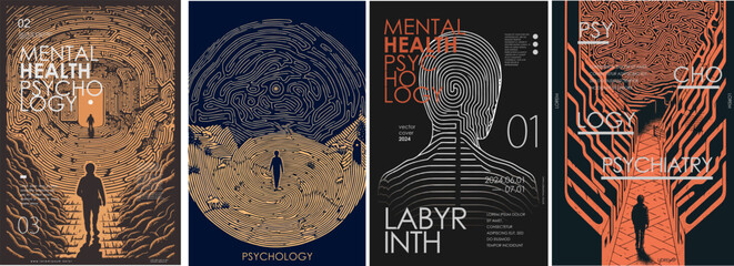 Psychology, psychiatry and mental health. Vector philosophic line illustration of man, searching for the meaning of life, labyrinth, fingerprint and life path for poster, magazine cover and background - 613997658