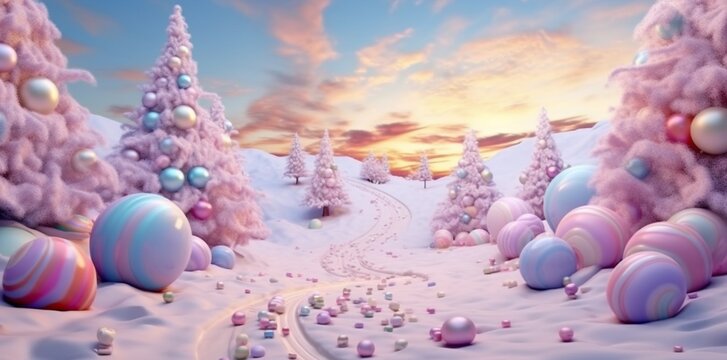 A surreal horizontal winter scenery with snowy Christmas trees and baubles in pastel blue pink and lilac colors. Design for card or banner. Illustration. Generative AI
