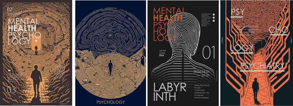 Psychology, psychiatry and mental health. Vector philosophic line illustration of man, searching for the meaning of life, labyrinth, fingerprint and life path for poster, magazine cover and background
