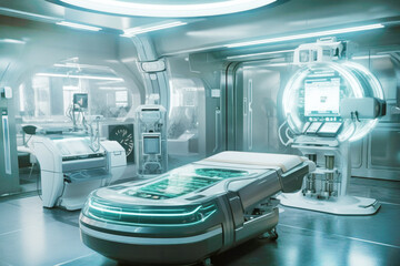 Futuristic hospital room with high tech AI technology equipment. Generative AI.
