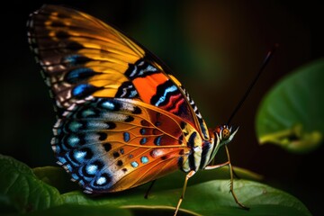 Butterfly on a leaf in the rainforest, close up. Side view. Generative AI