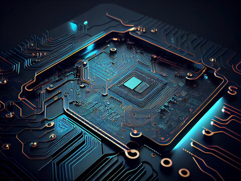 The microprocessor in the rays of light on the background of the electronic board. Generative AI
