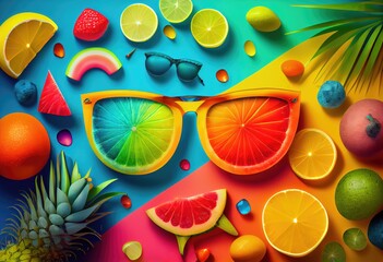 Fruits and sunglasses. Colorful summer background. Top view. Generative AI