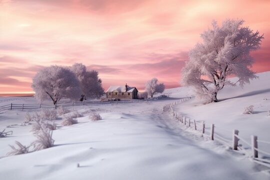 A horizontal winter landscape composition in pastel tones. Snow and romantic festive season concept. Generative AI