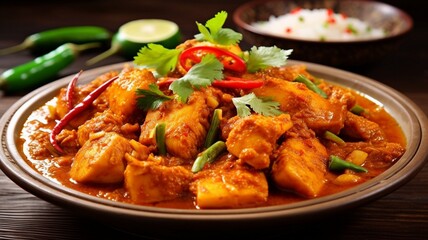 Tasty chicken curry in a bowl on wooden background, Chicken curry side view, asian chicken curry side view 