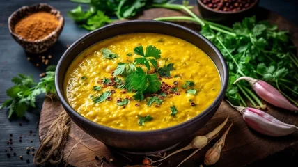 Foto op Canvas Indian dal food. Traditional Indian soup lentils. Indian Dhal spicy curry in a bowl, Delicious Dal Tadka recipe wooden background © MH