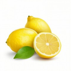 Lemon is isolated on white background. Lemon fruit whole and a half with leaves. Side view on white