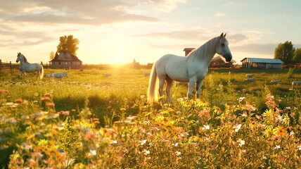 Fototapeta premium animals on wild field at sunset ,dog and cows on summer floral field, daisies and sunflowers on the field, wooden cabin on the horizon, blue sky, sunny summer day in the village,generated ai