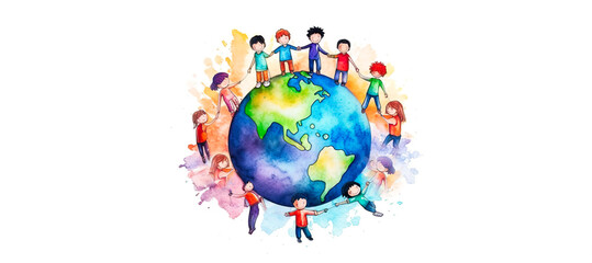 One World, Many Hearts: Celebrating Diversity and Equality through the Innocence and Love of Children in a Watercolor. - obrazy, fototapety, plakaty
