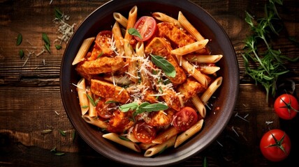 Sausage Penne Pasta with tomato sauce, parmesan cheese, and basil on a black plate, Penne pasta in tomato sauce with meat, and tomatoes decorated with pea sprouts on a dark table. Top view