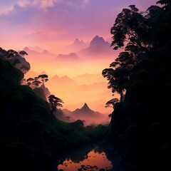landscape silhouettes of mountains, forest and lake at sunset, in a pink haze, depth of perspective