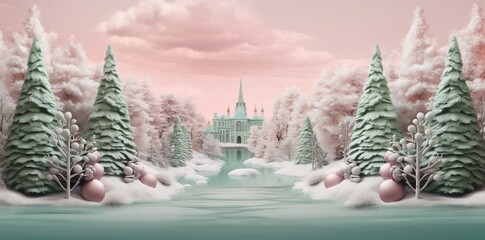 Romantic snowy Christmas landscape in pastel colors. Season greetings concept. Generative AI
