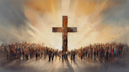 Many people around the cross, christian concept, modern painting, generative ai - obrazy, fototapety, plakaty