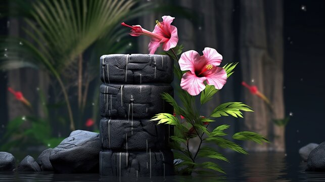 Photo tower black stone and hibiscus with bamboo Generative AI