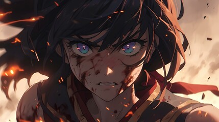 Fototapeta premium the strongest female warrior who fights persistently despite major injuries, japanese anime style illustration. generative AI