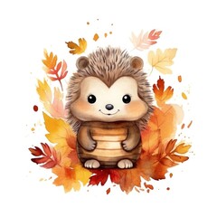 Cute watercolor baby autumn hedgehog isolated. Illustration AI Generative.