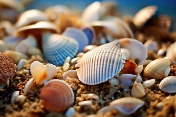 The serenity of a coastal landscape in a close - up shot of seashells scattered along the shore. Generative AI