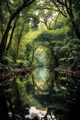 Waterfall in the forest. AI generated art illustration.