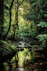 Obraz premium Waterfall in the forest. AI generated art illustration.