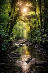 Waterfall in the forest. AI generated art illustration.