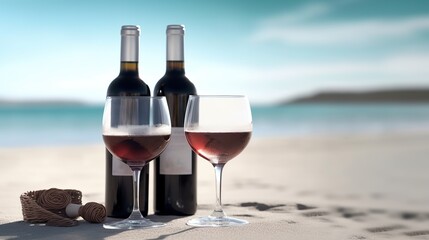 two glasses on the white sand with beautiful beach background Generative AI