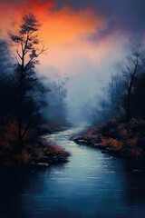 Fototapeta premium Sunset in the forest. AI generated art illustration.