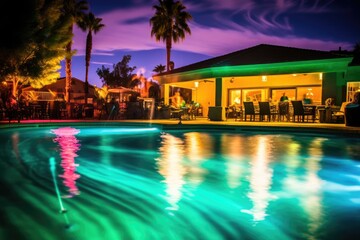The vibrant atmosphere of a poolside party illuminated by colorful lights in a dynamic photo. Generative AI