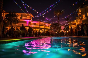 The vibrant atmosphere of a poolside party illuminated by colorful lights in a dynamic photo. Generative AI